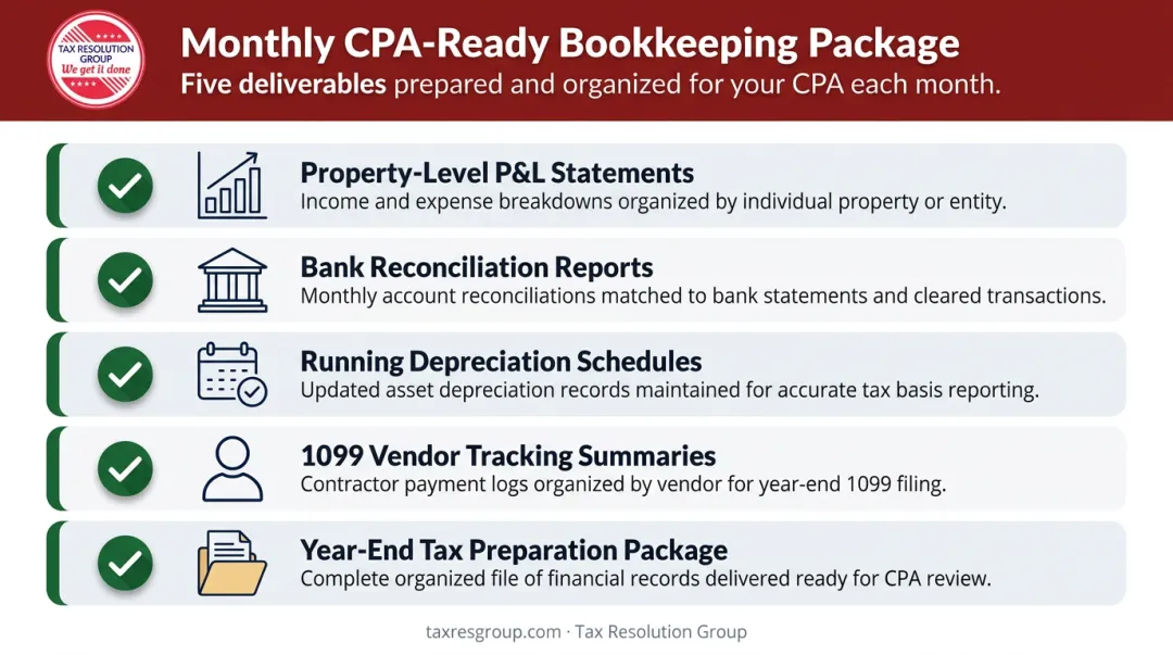 5-item monthly real estate bookkeeping deliverables checklist for CPA-ready filing
