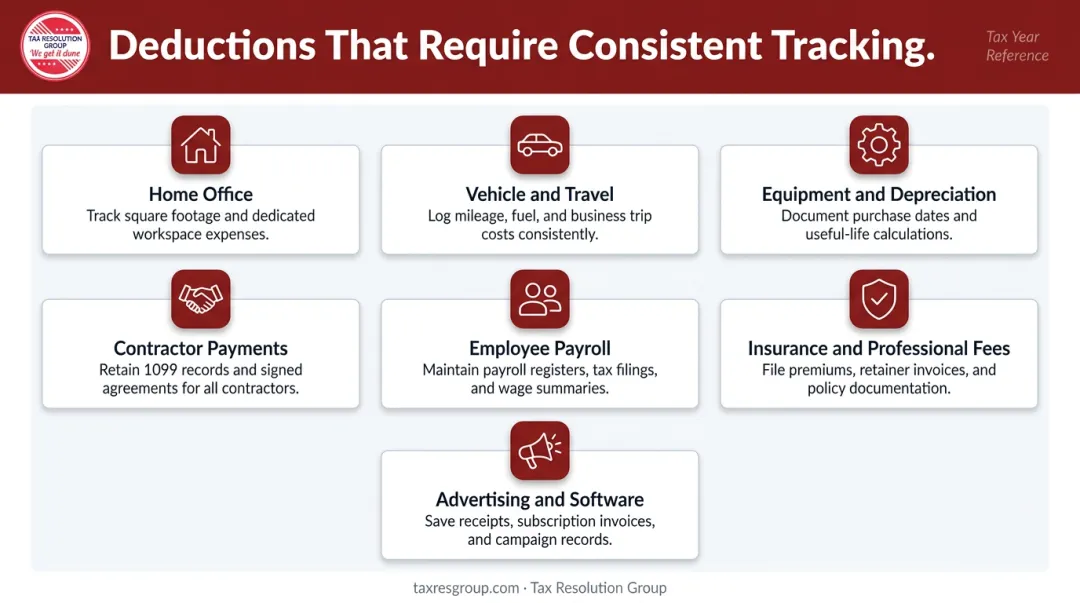 Common business tax deduction categories requiring year-round bookkeeping tracking