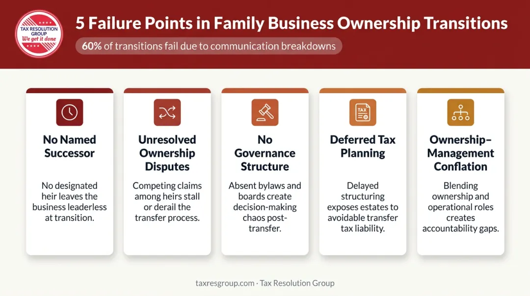 Five common family business transition failure points with causes breakdown