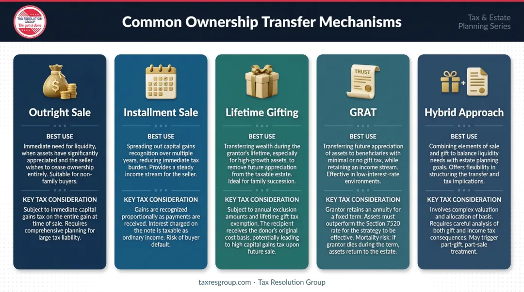 Family business ownership transfer methods comparison table with tax implications