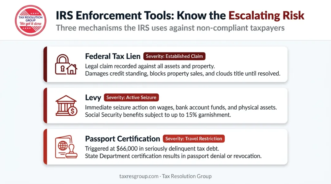 IRS enforcement tools comparison federal tax lien levy and passport certification