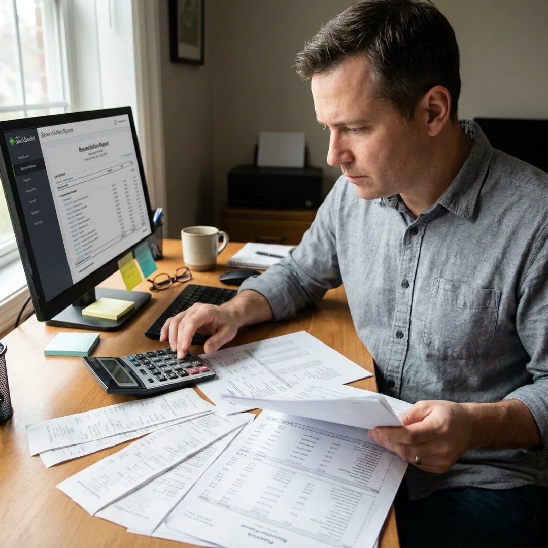 Bookkeeper reviewing reconciliation reports