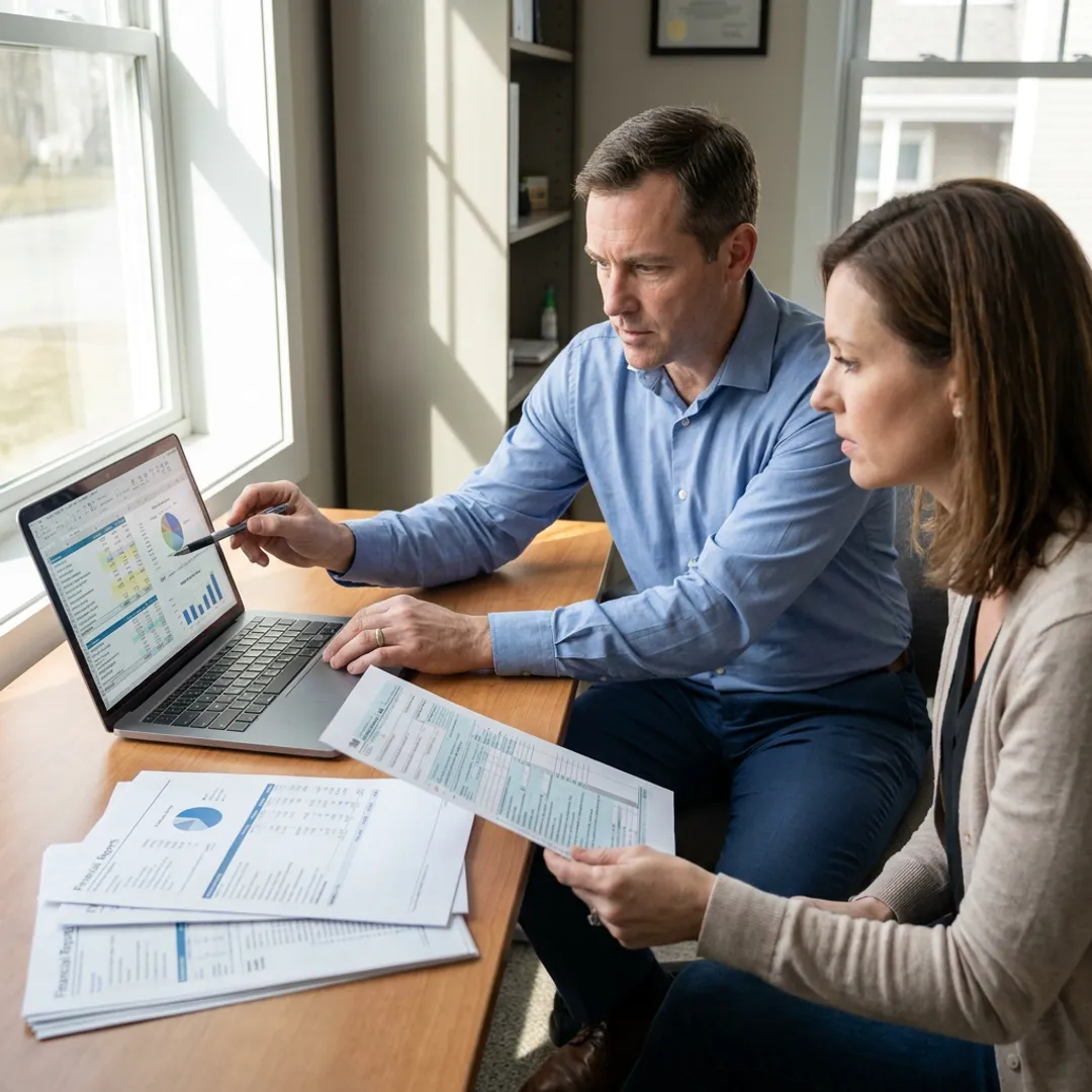 CPA reviewing financial reports with a business owner