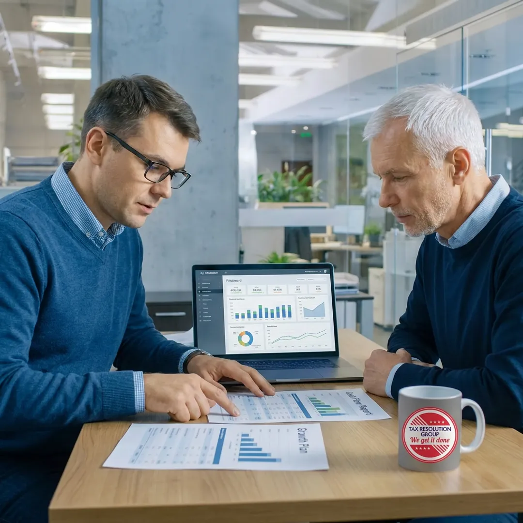 Financial advisor reviewing cash flow reports with business owner