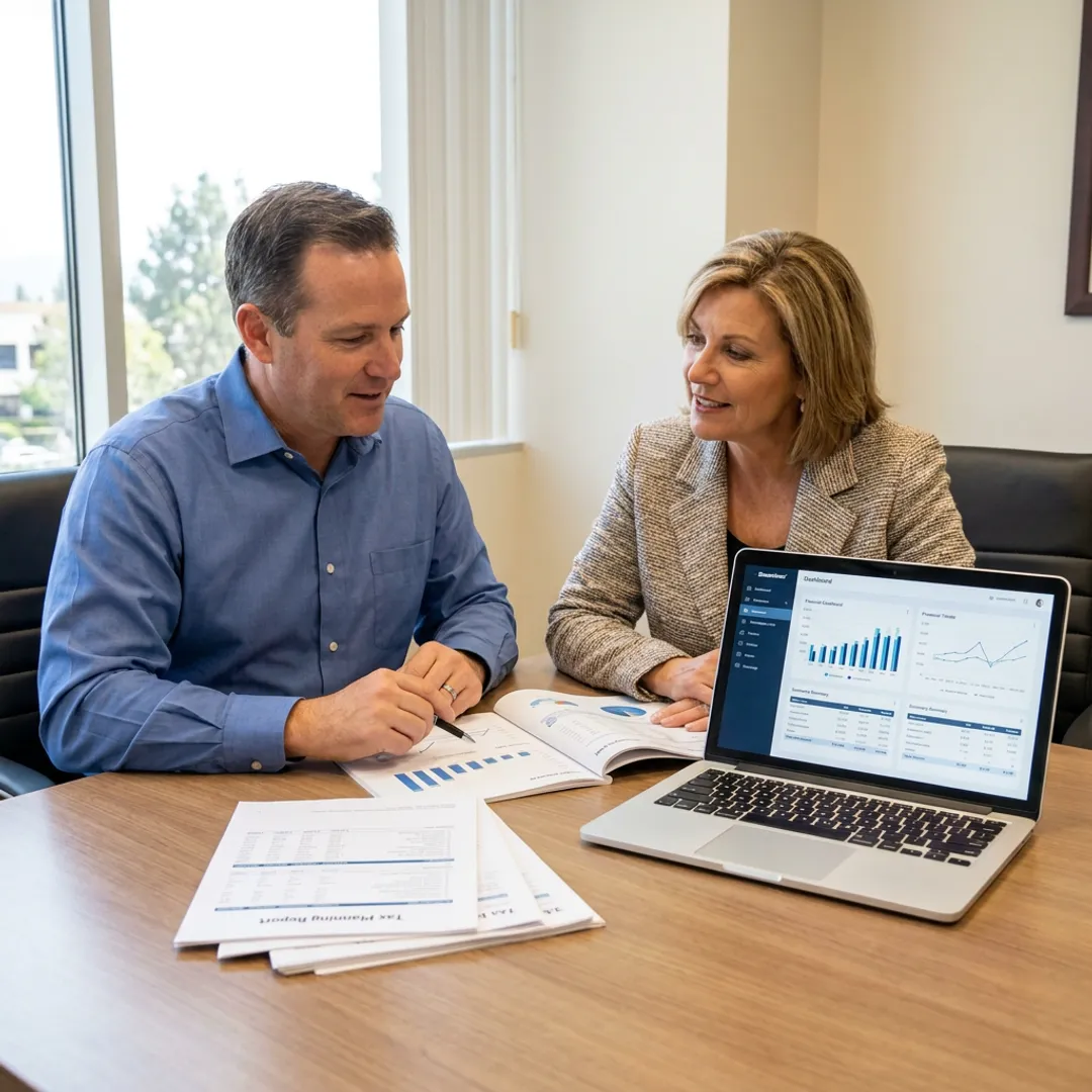 CPA advisor reviewing financial reports with business owner
