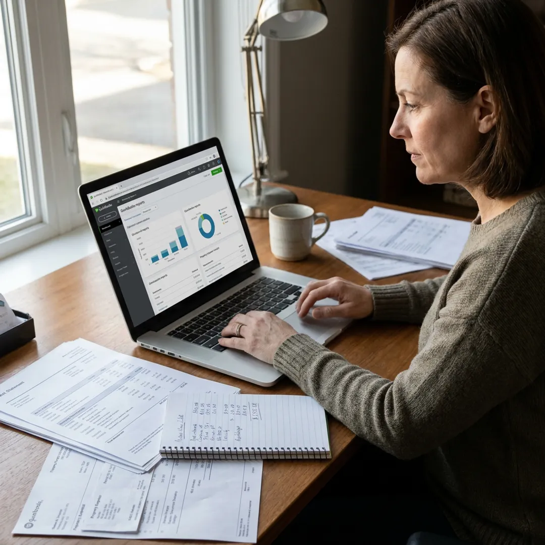 Bookkeeper reviewing monthly real estate financial reports
