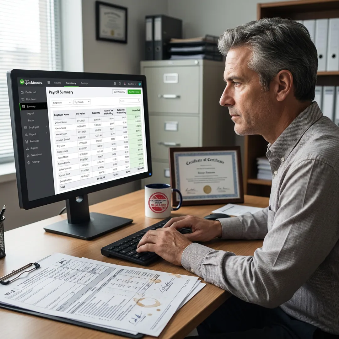 Payroll specialist reviewing software and reports