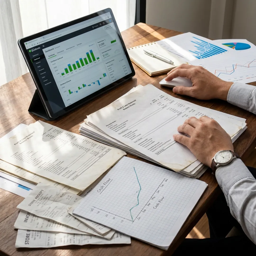 Bookkeeper organizing small business financial reports