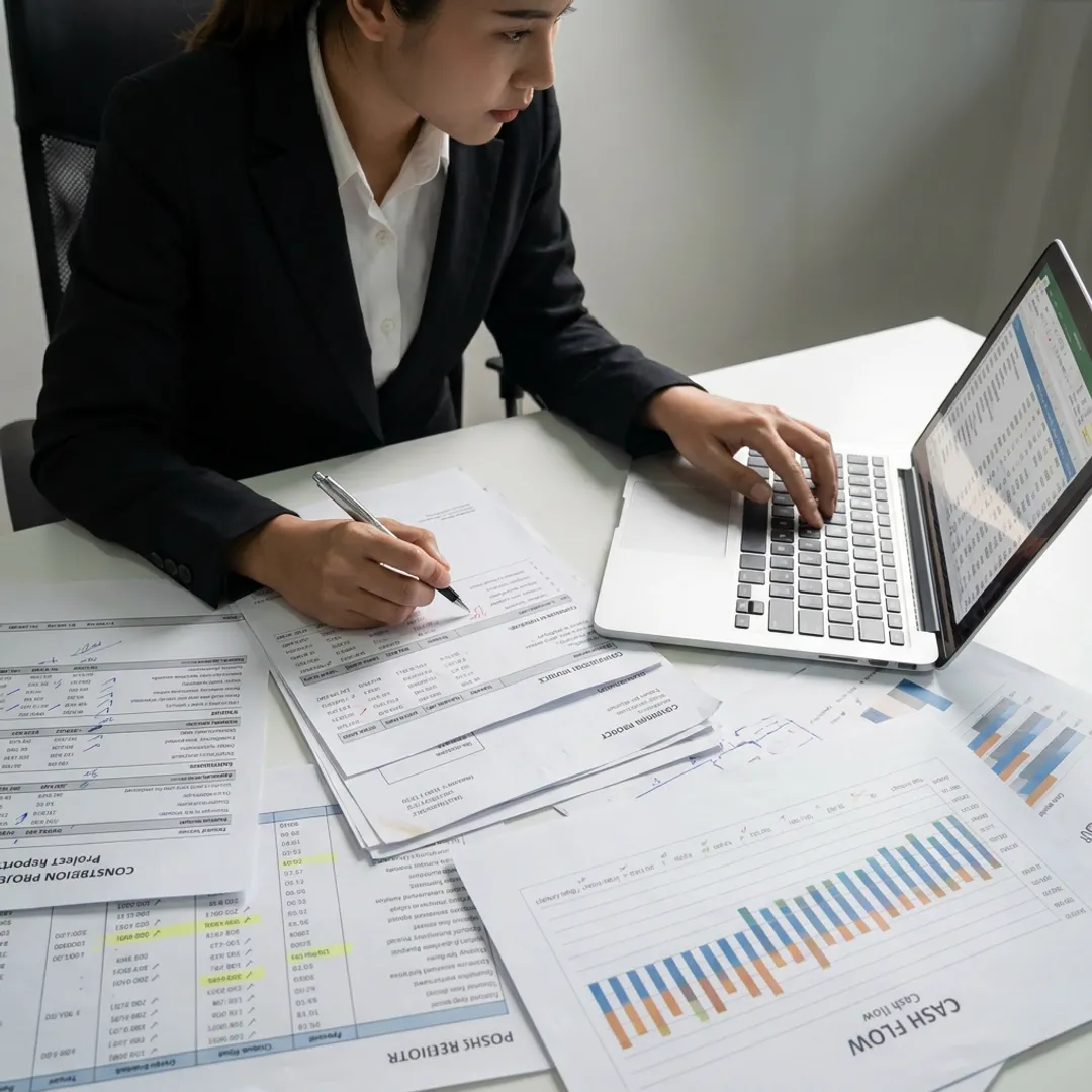 Accountant reviewing construction financial reports