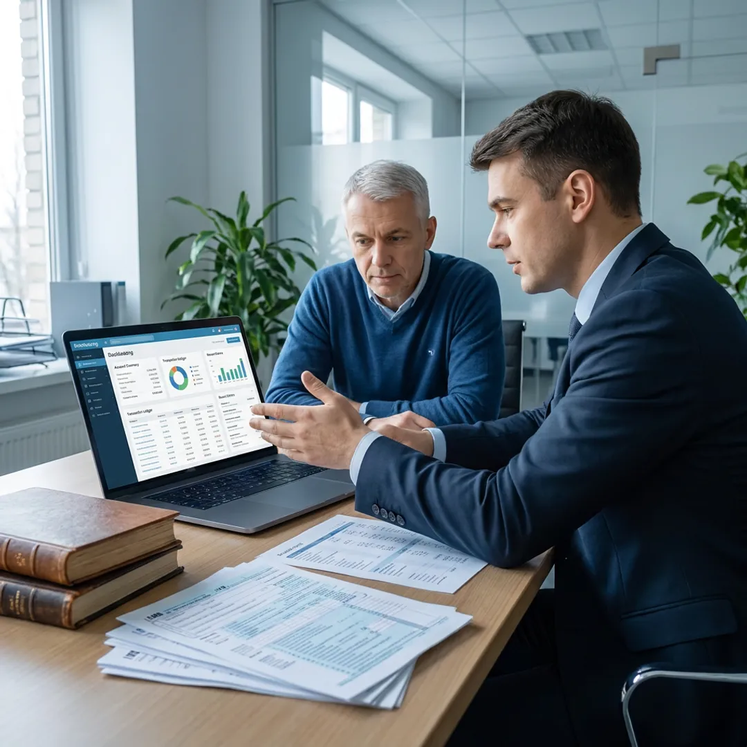 Accountant reviewing bookkeeping dashboard with business owner