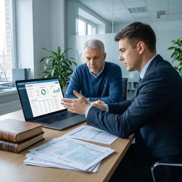 Accountant reviewing bookkeeping dashboard with business owner