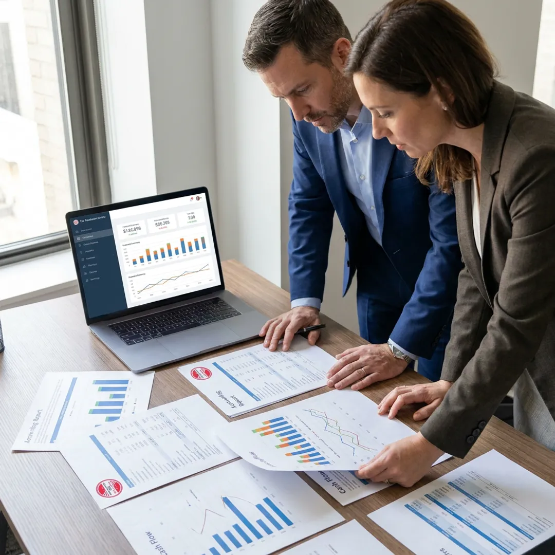 Advisor reviewing financial reports with business owner