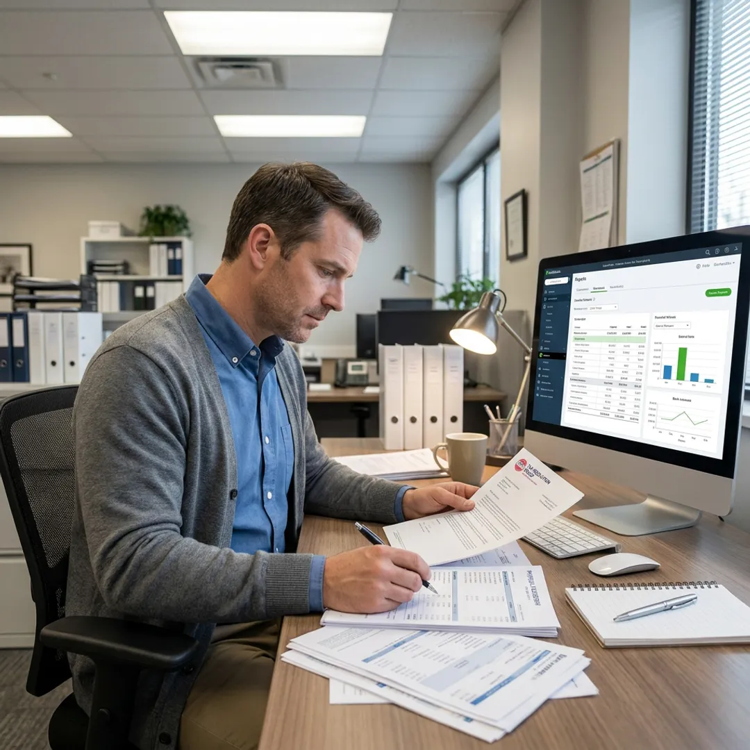 Bookkeeper reviewing payroll and QuickBooks reports