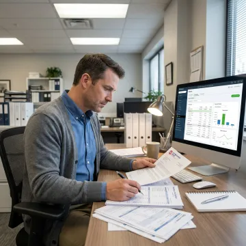 Bookkeeper reviewing payroll and QuickBooks reports