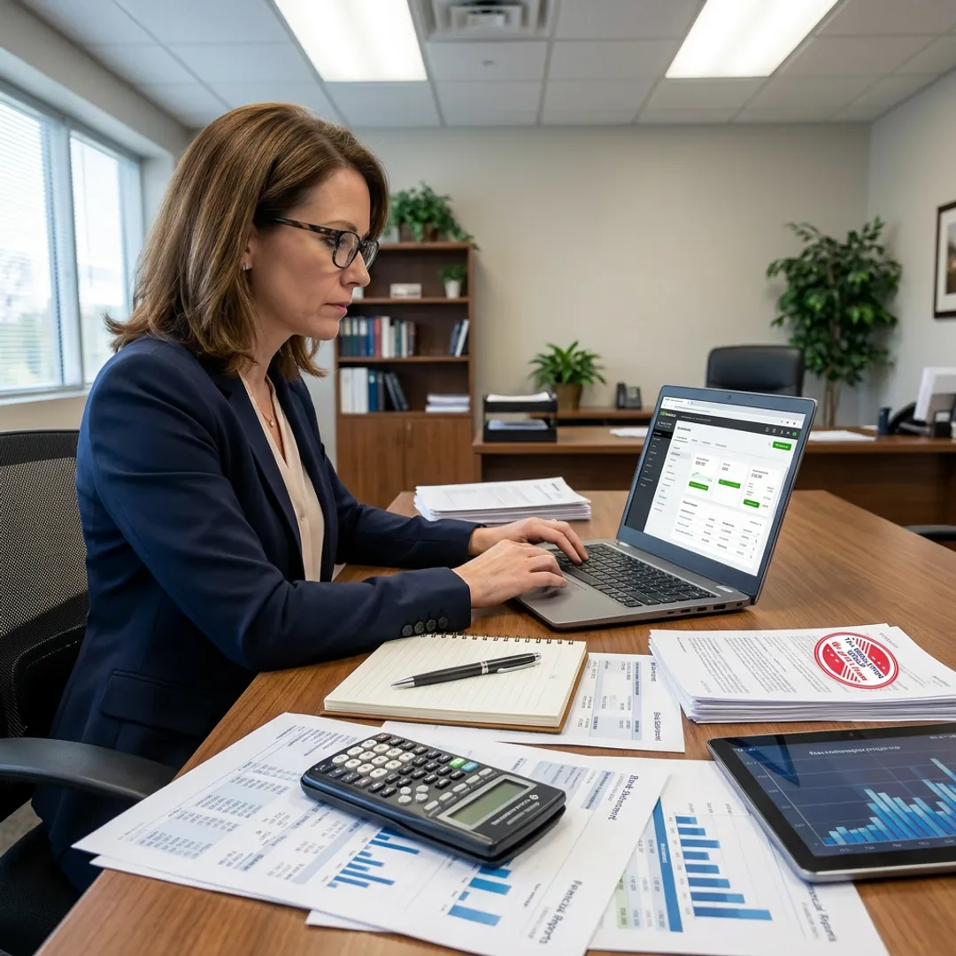 Bookkeeper processing payroll and reconciling accounts