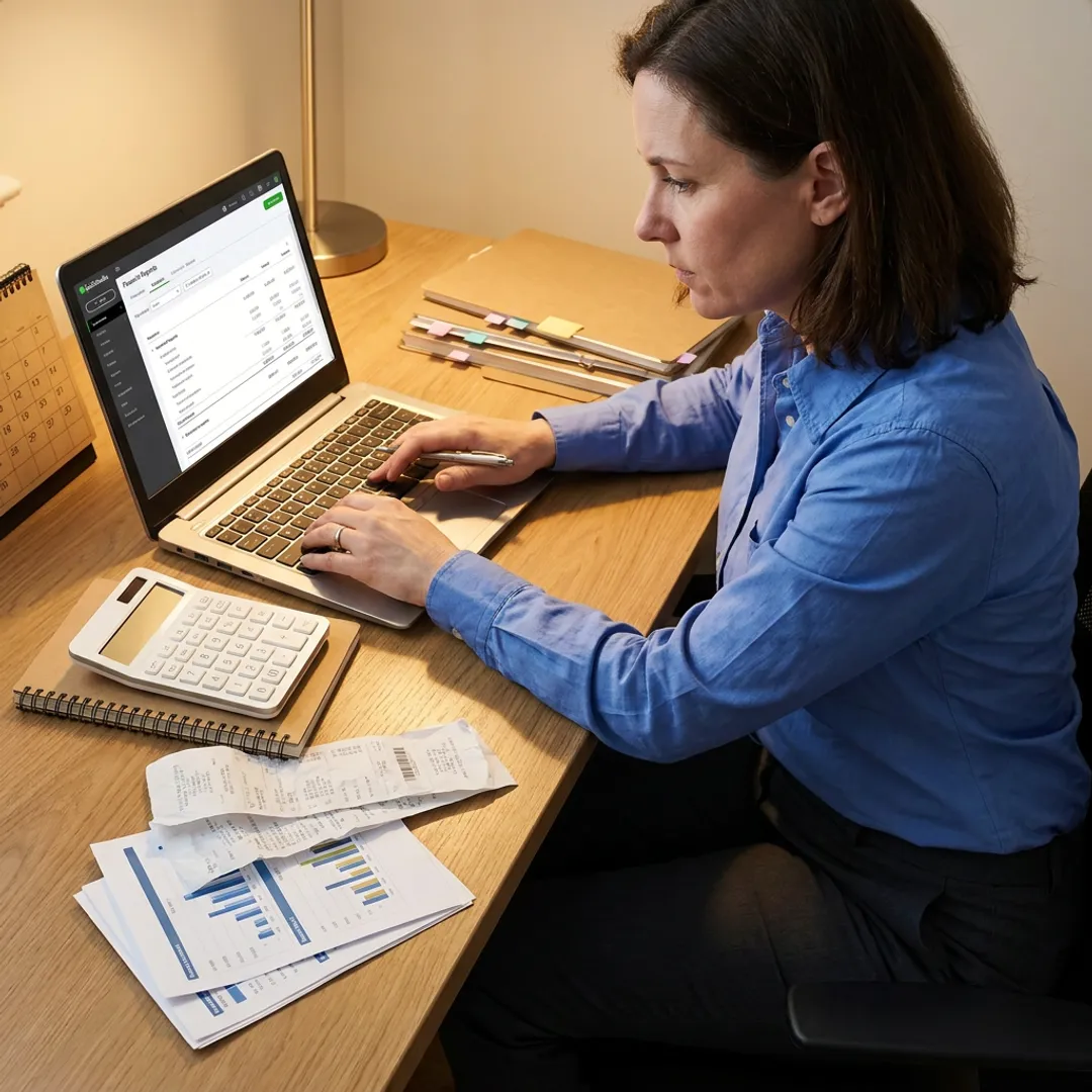 Bookkeeper reviewing QuickBooks financial reports