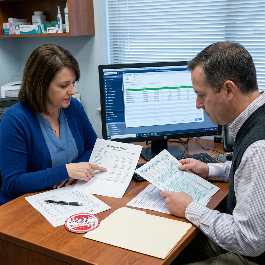 Accountant reviewing dental payroll records