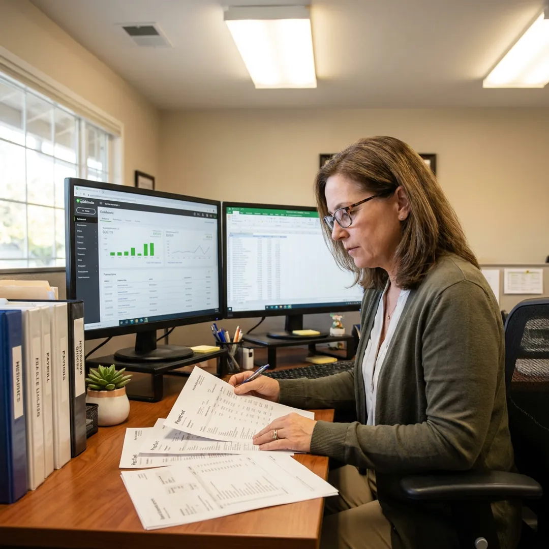 Bookkeeper reviewing small business payroll reports