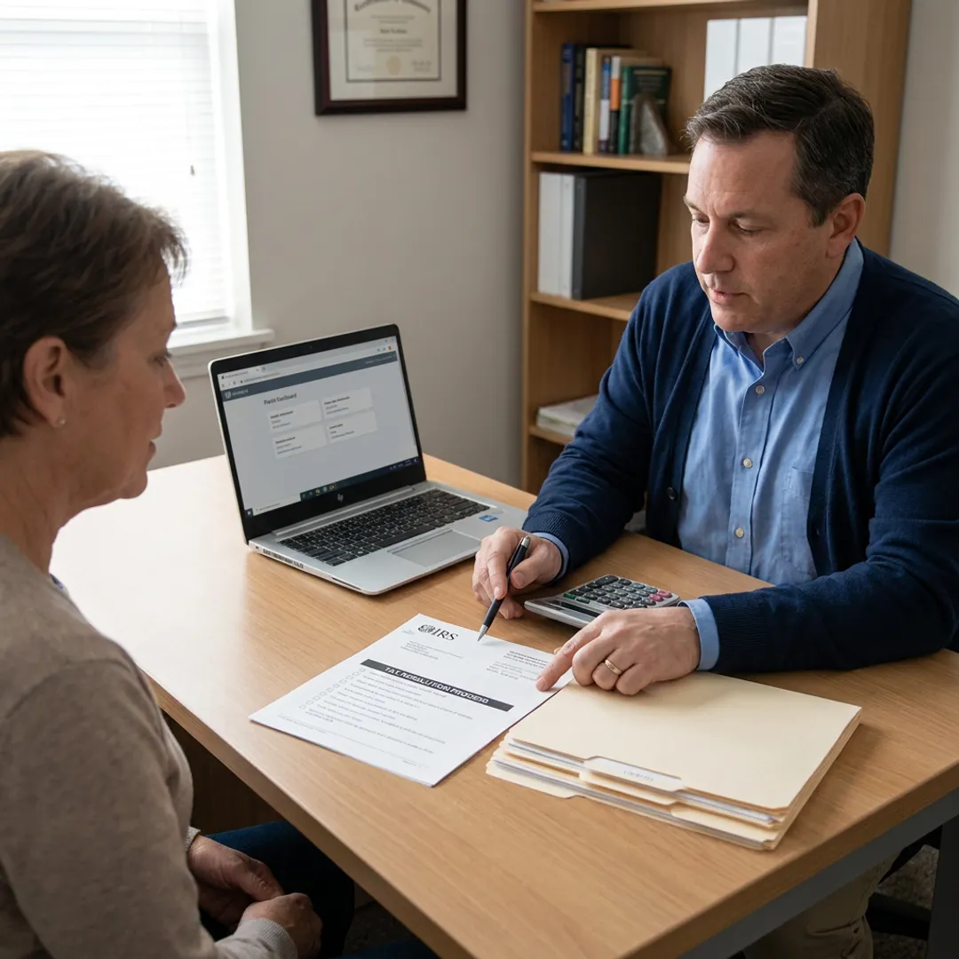 Tax resolution specialist reviewing IRS documents