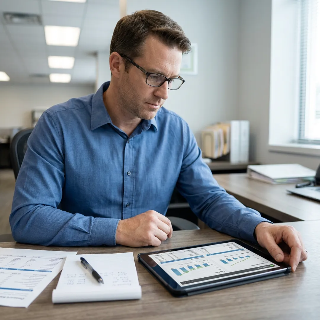 Accountant reviewing bookkeeping reports and financial dashboards