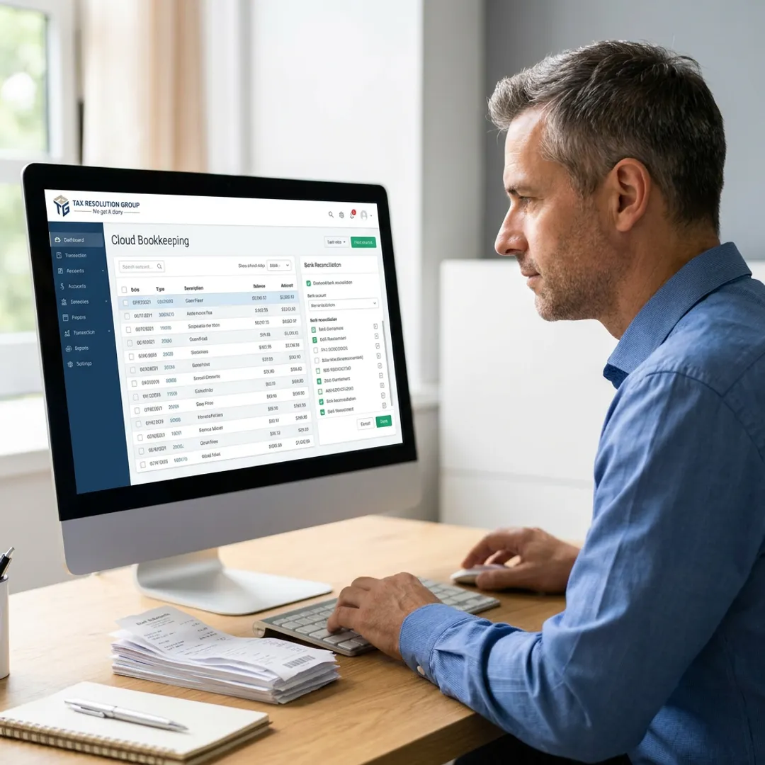Bookkeeper reconciling business accounts