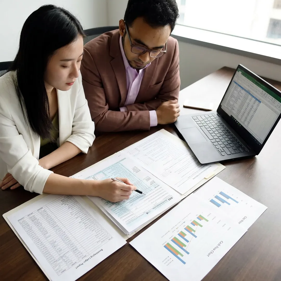 Accountant reviewing financial reports with small business owner