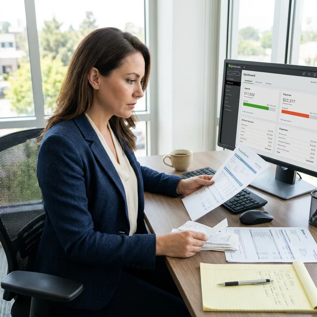 Bookkeeper reviewing business financial reports