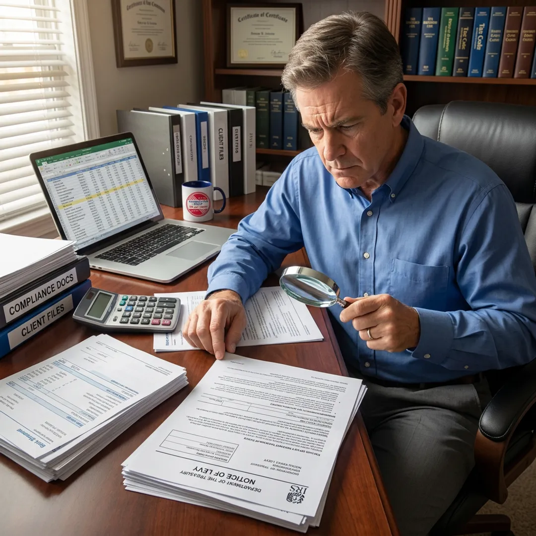 Tax specialist reviewing IRS levy paperwork