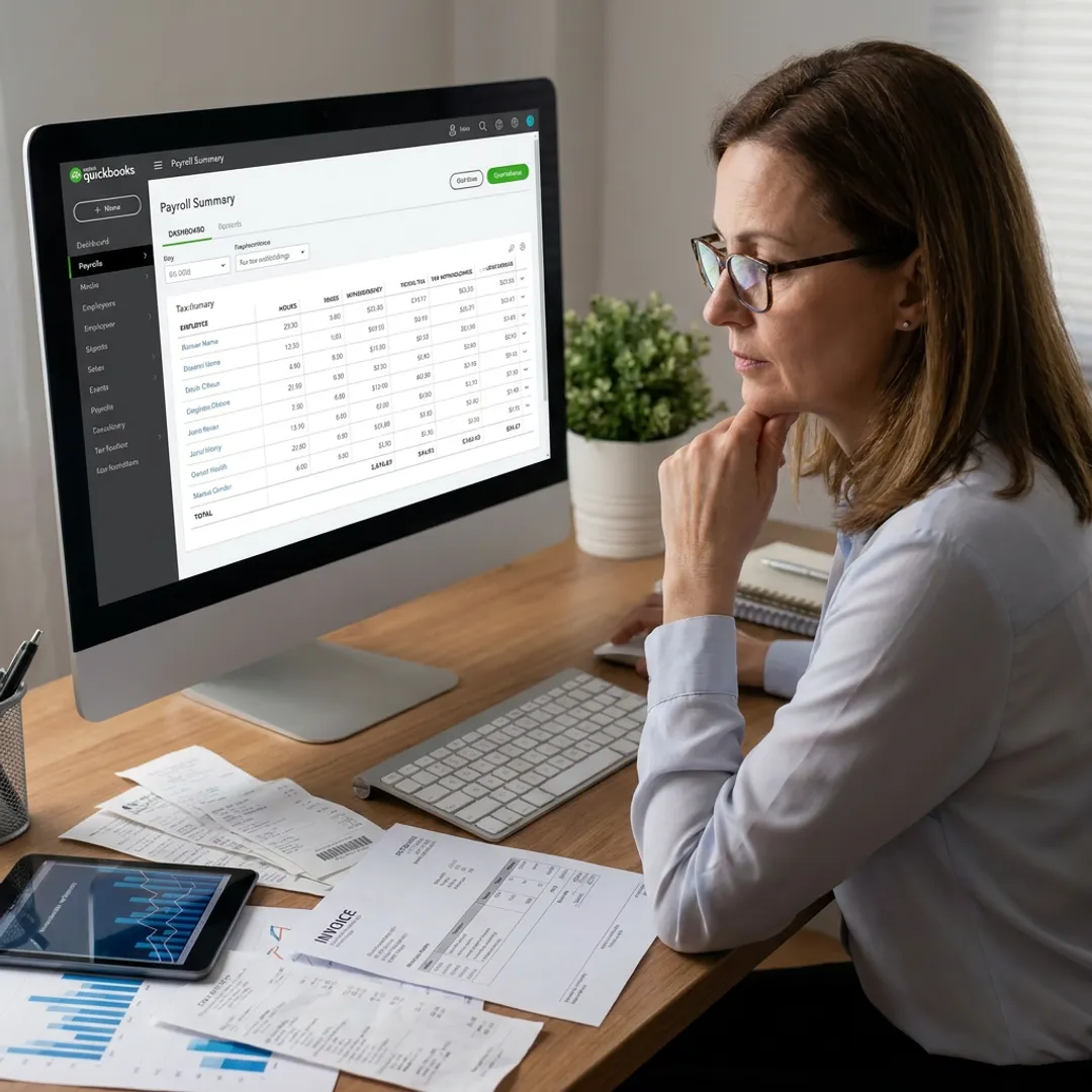 Bookkeeper reviewing payroll reports