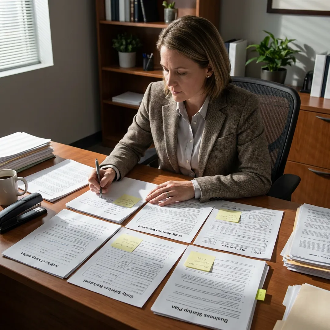Advisor reviewing business incorporation documents
