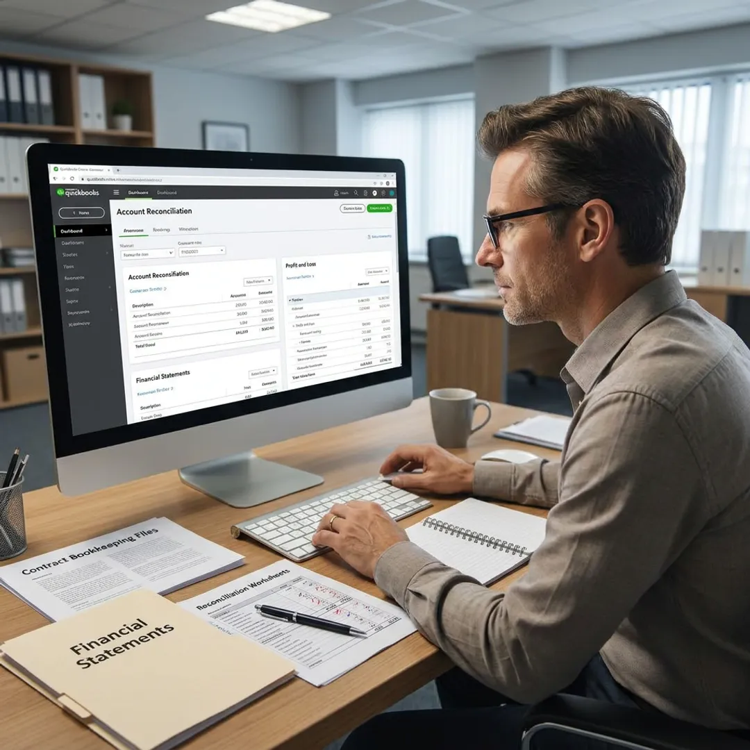 Consultant reviewing contract accounting reports