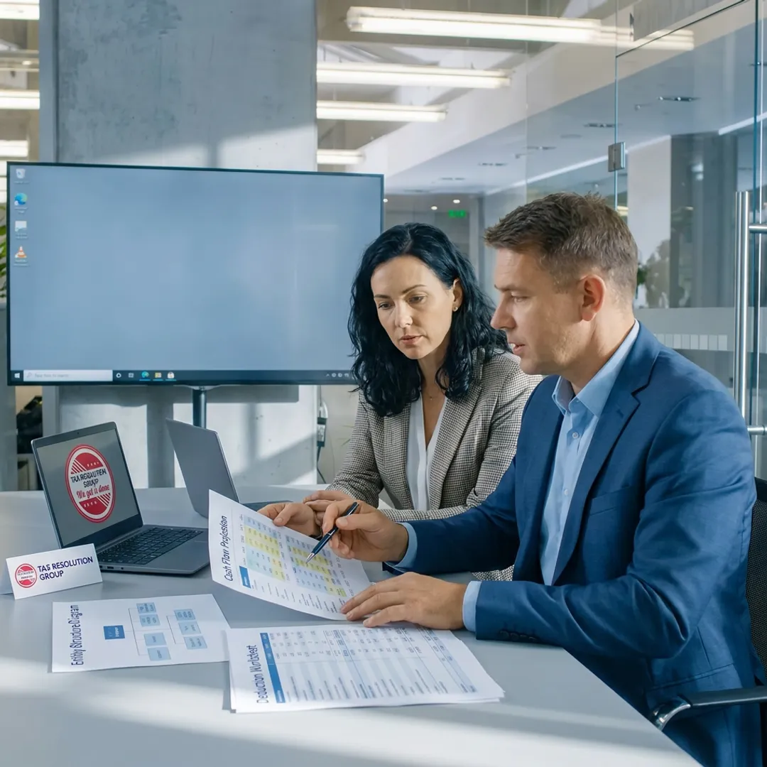 Tax advisor reviewing small business planning documents