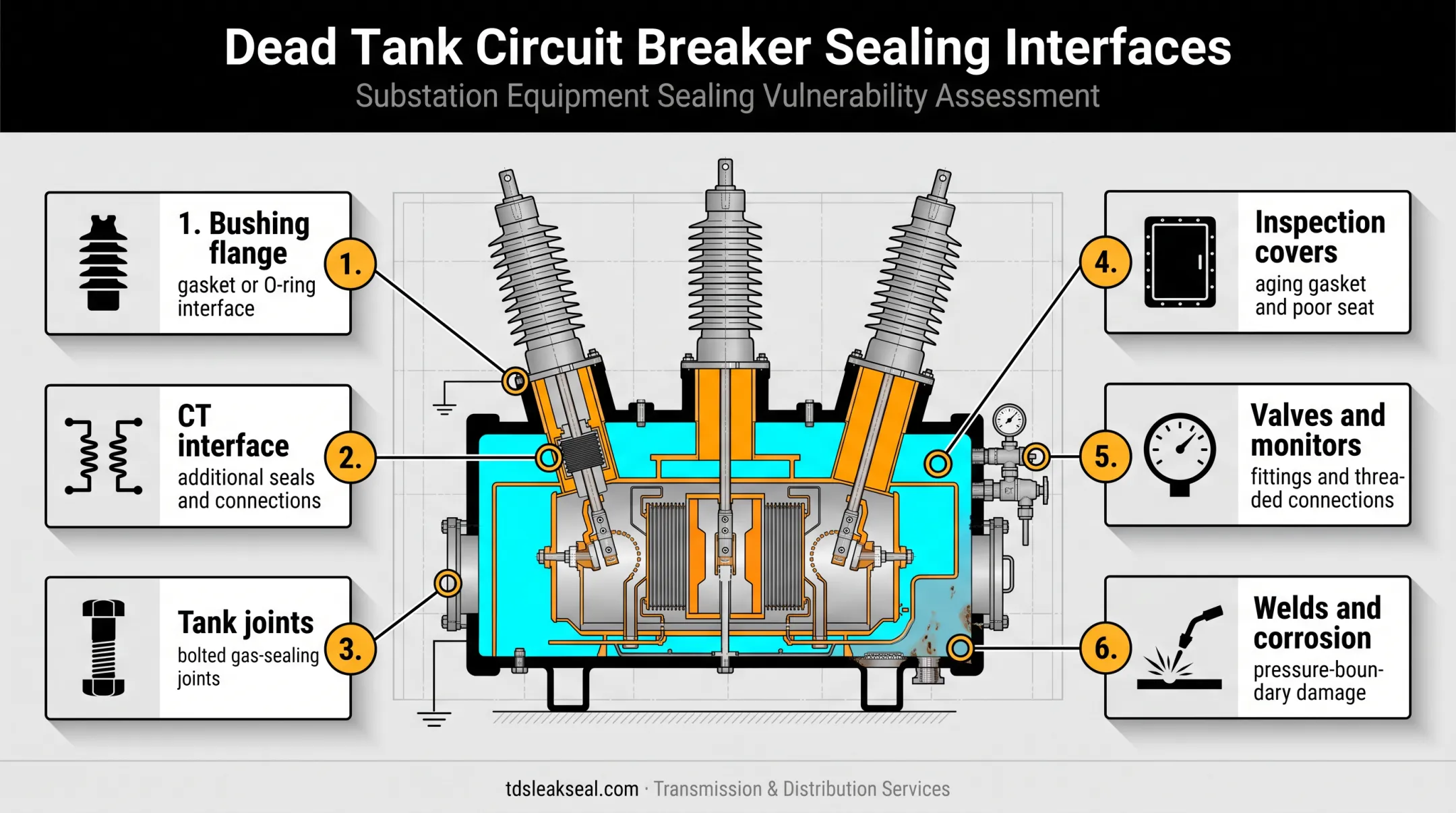 Dead tank breaker sealing interfaces and common leak boundary locations