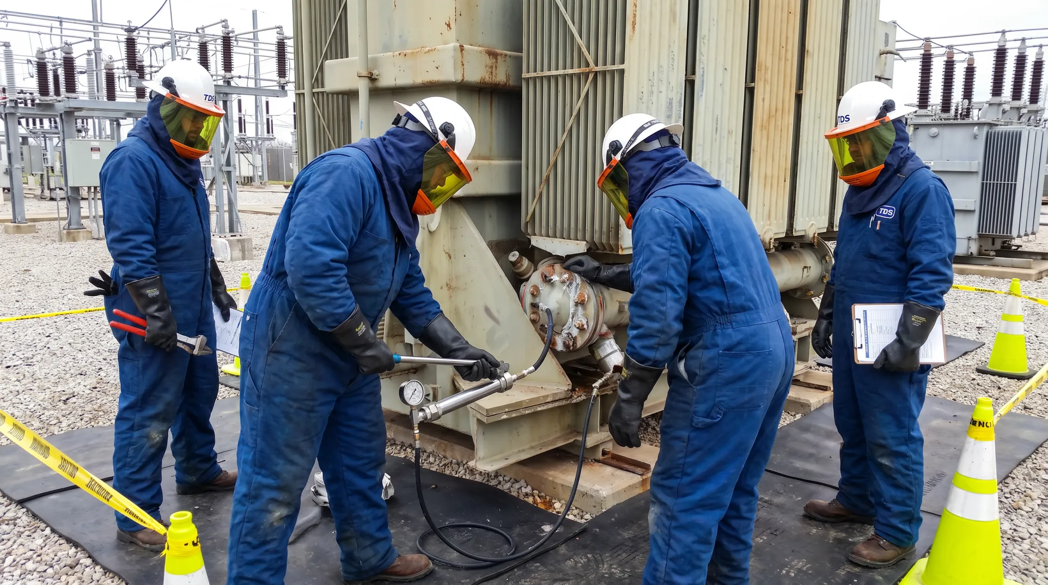 TDS technicians sealing transformer leak at electrical substation