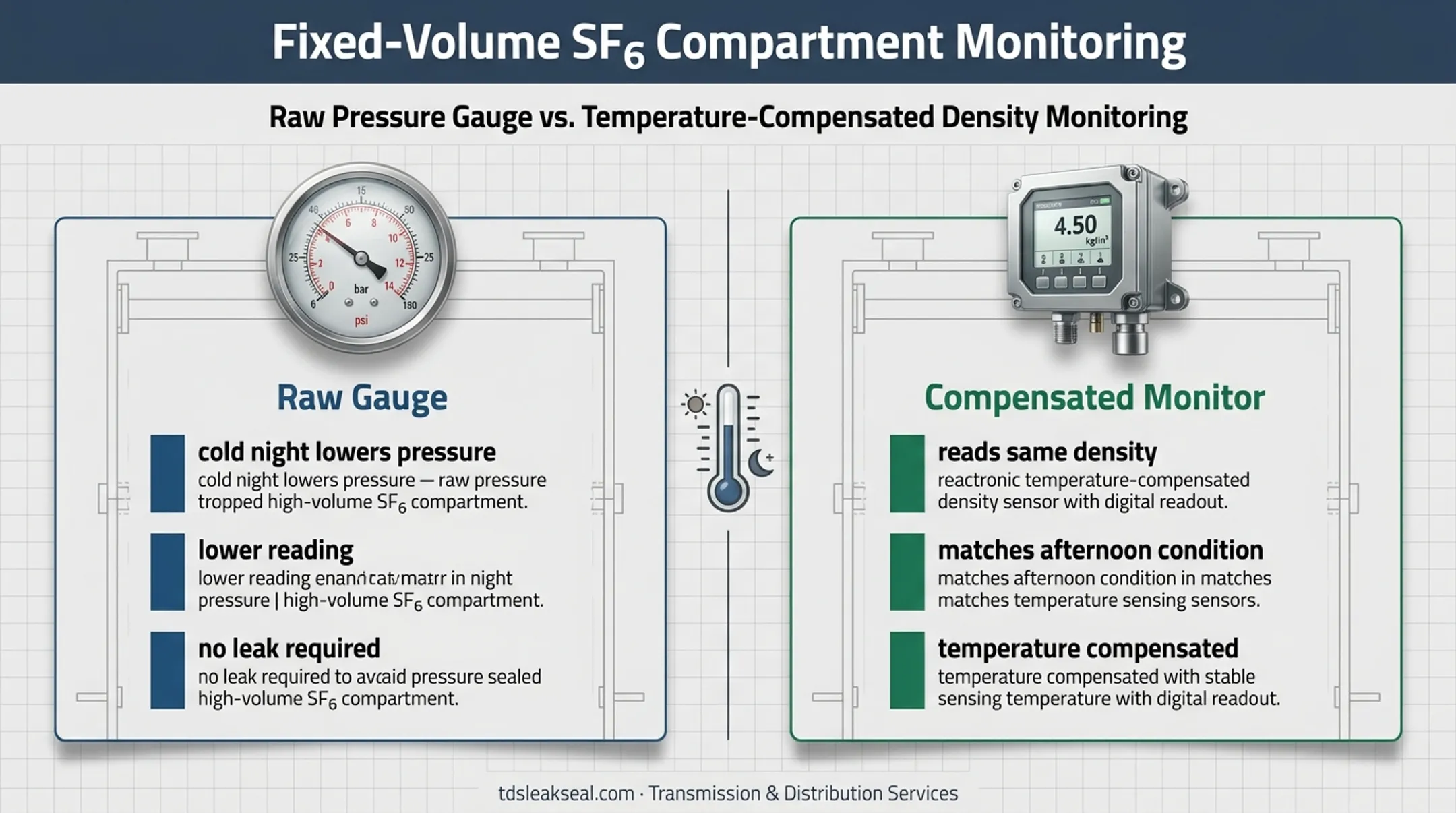 Raw pressure gauge versus compensated SF6 density monitor comparison