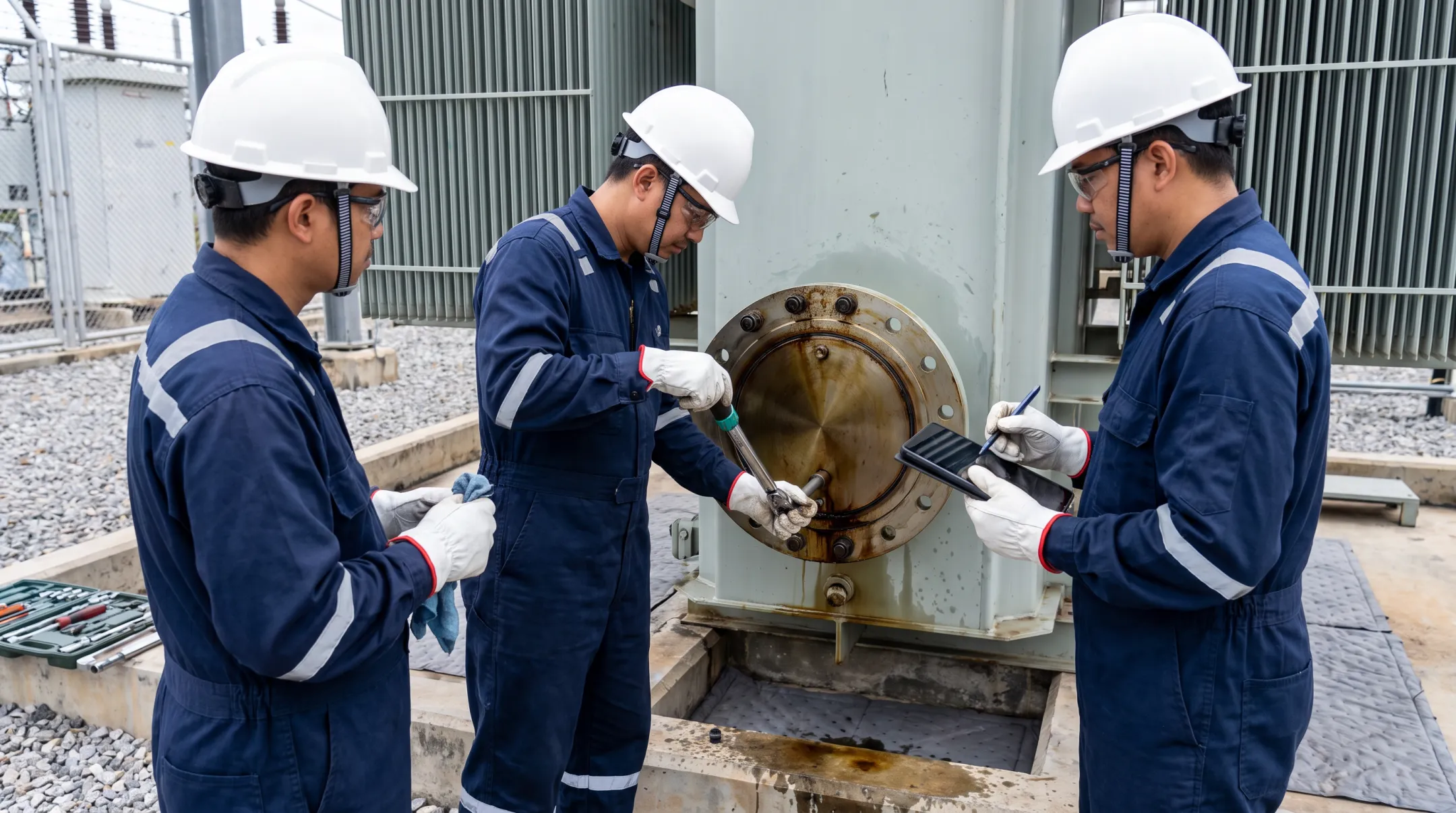 Qualified technicians repairing transformer flange gasket leak onsite