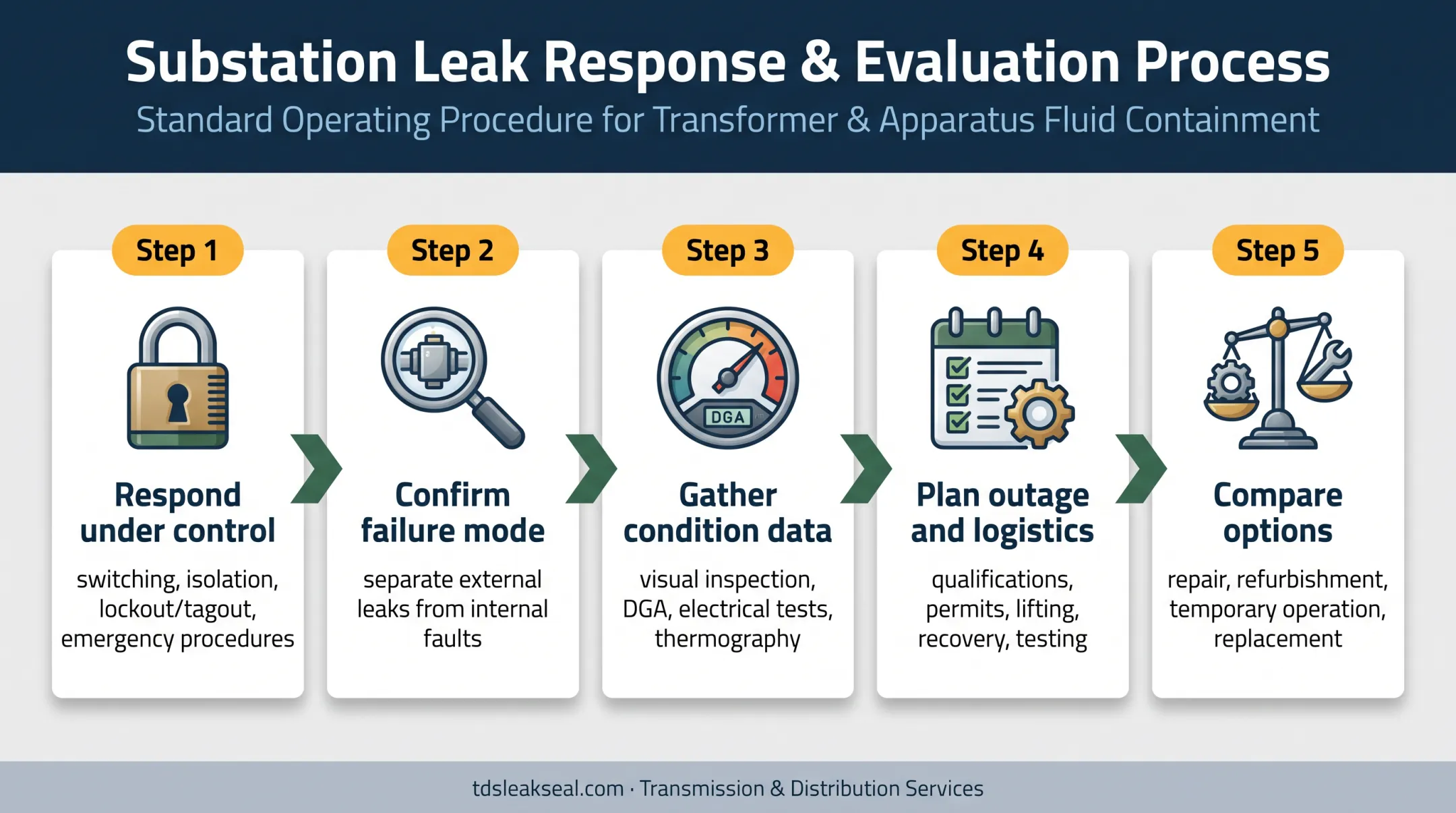 Five-step transformer repair planning workflow from safety response to options