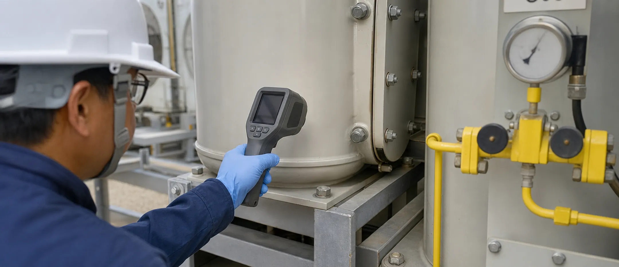 Technician using infrared camera to detect GIS gas leak