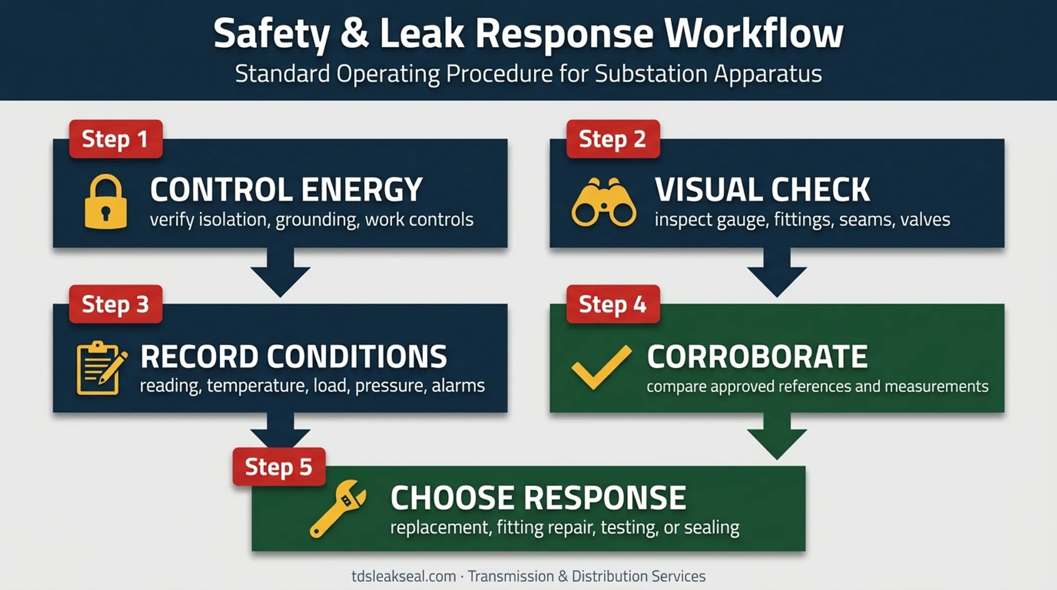 Transformer oil gauge leak inspection and response workflow