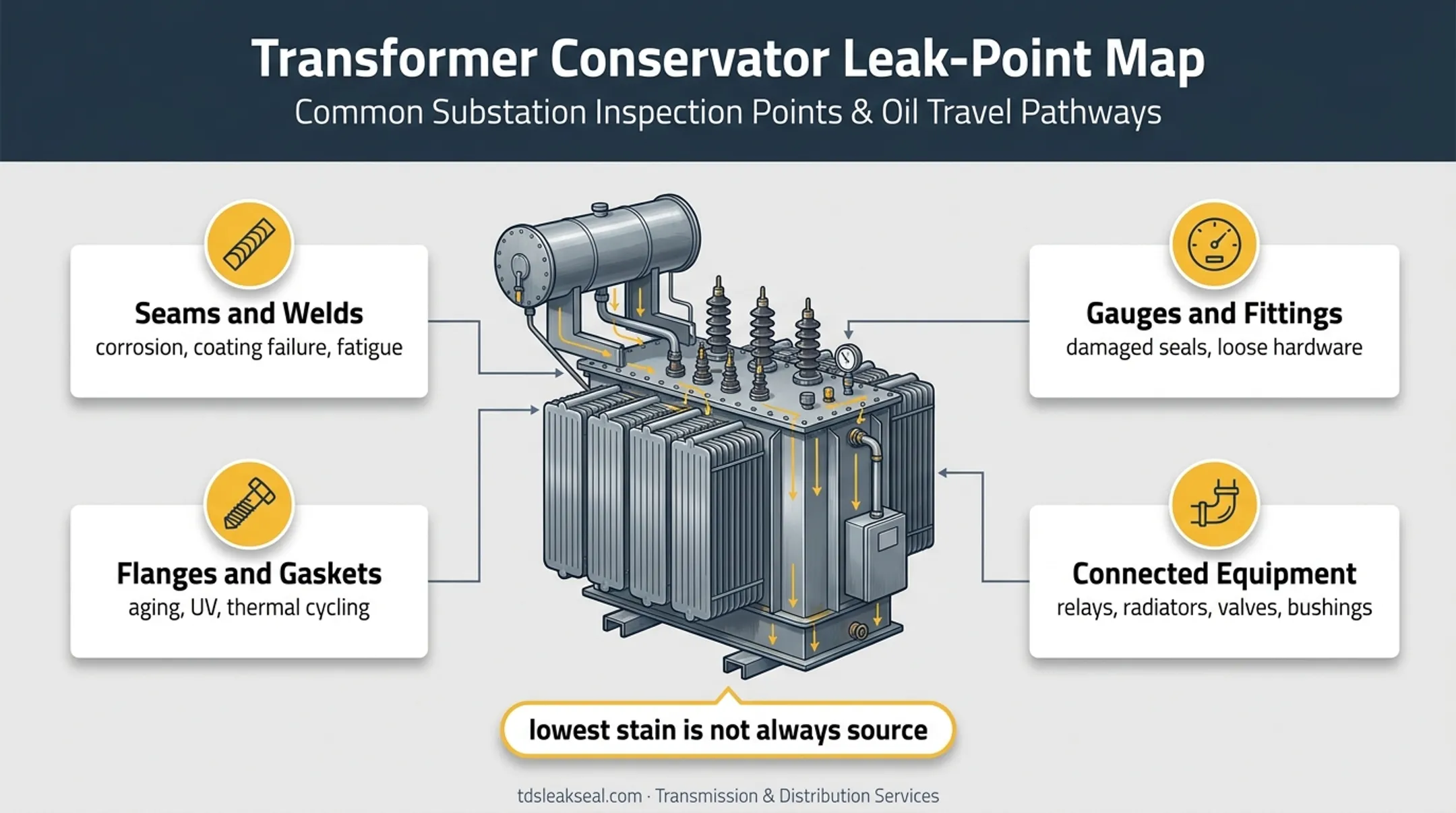 Transformer conservator tank leak point inspection map