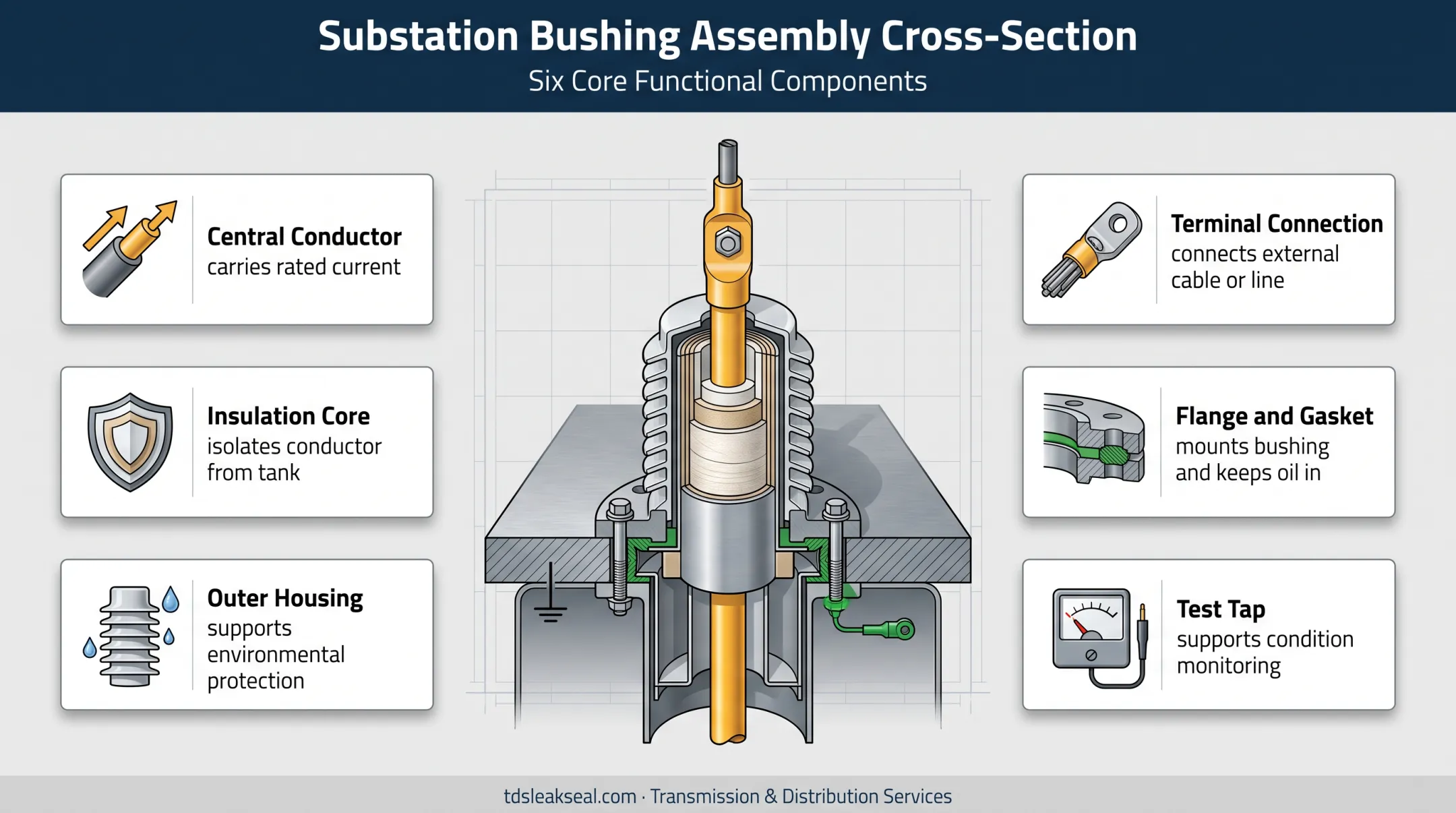 Transformer bushing cross section showing insulation sealing and electrical connections