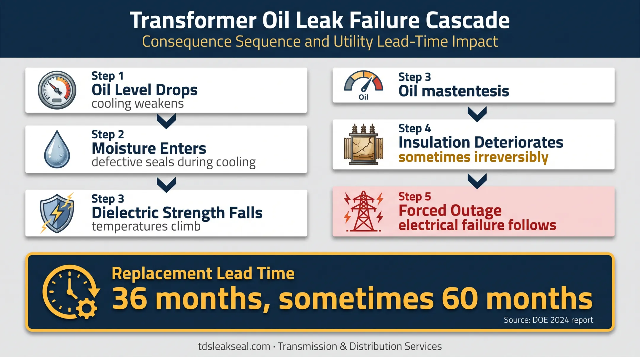 Transformer oil leakage consequences and replacement lead time infographic
