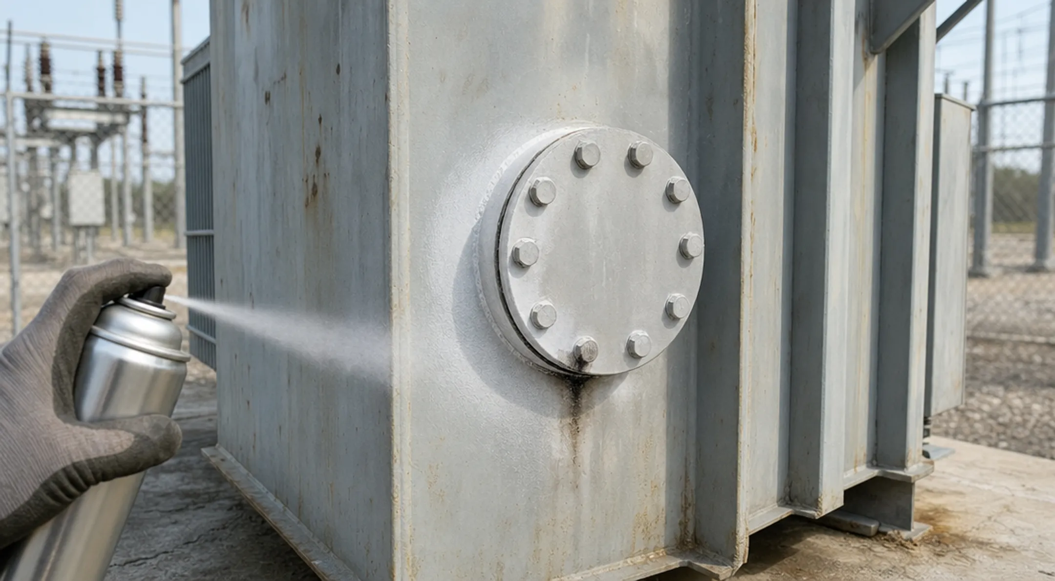 Oil leak detection powder applied around transformer flange gasket