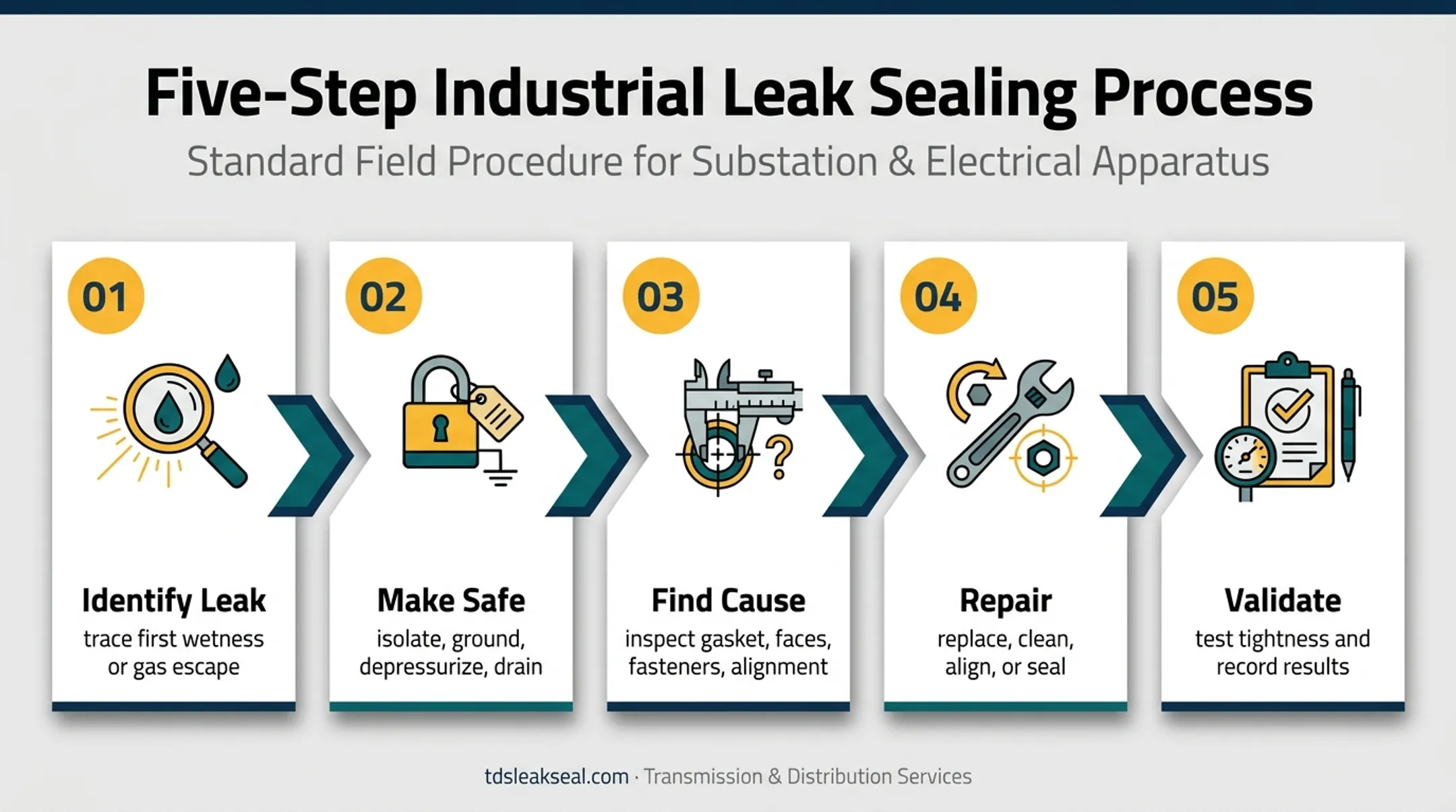 Five-step industrial flange leak repair and validation process