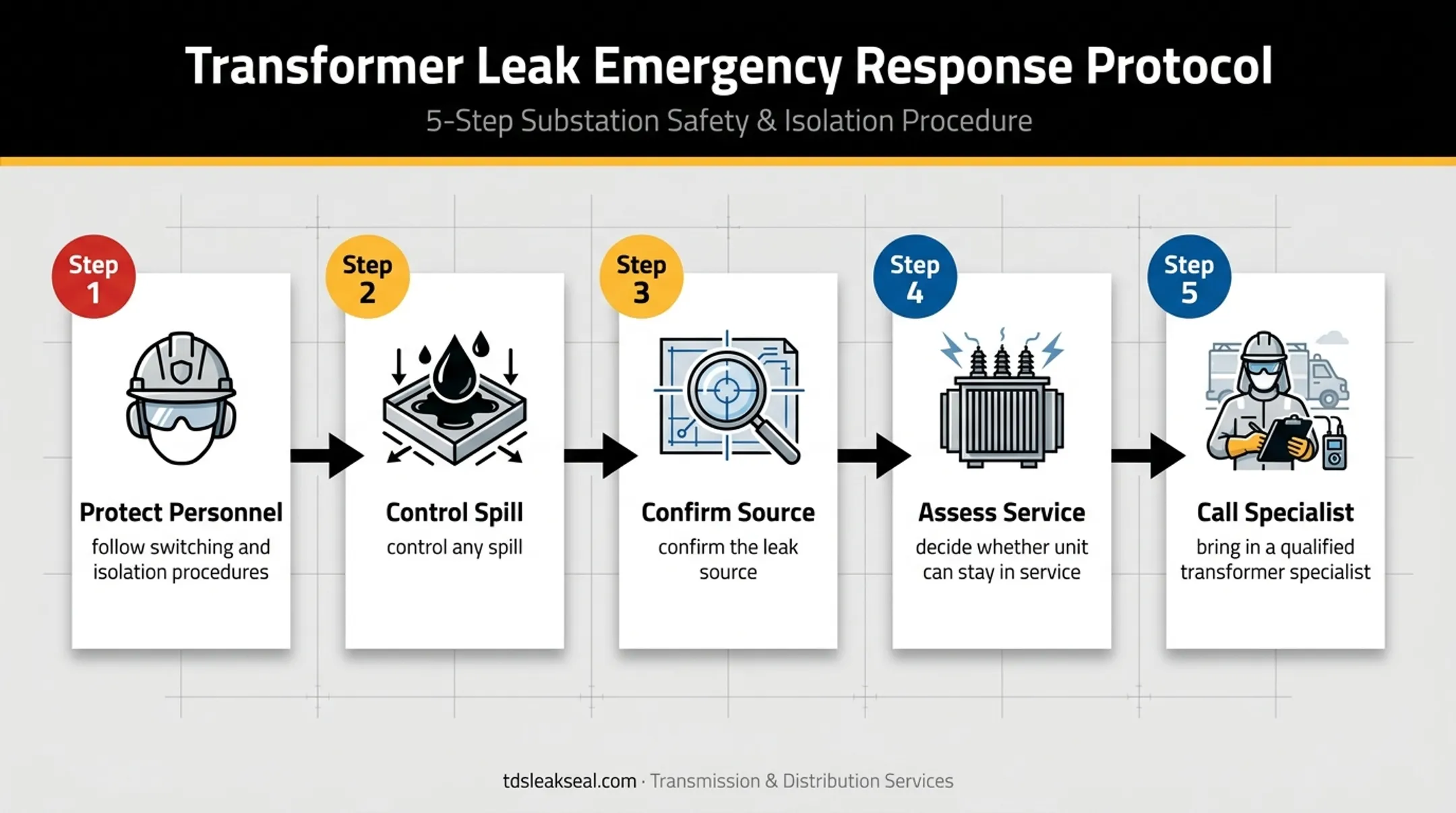 Five-step transformer oil leak corrective response process