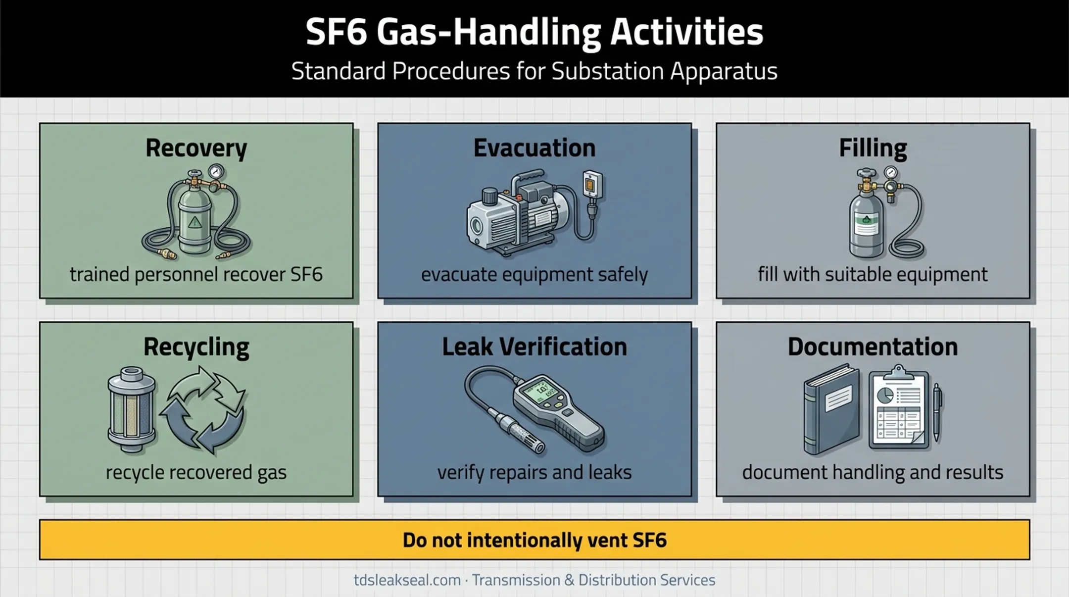Six required SF6 gas handling and leak verification activities