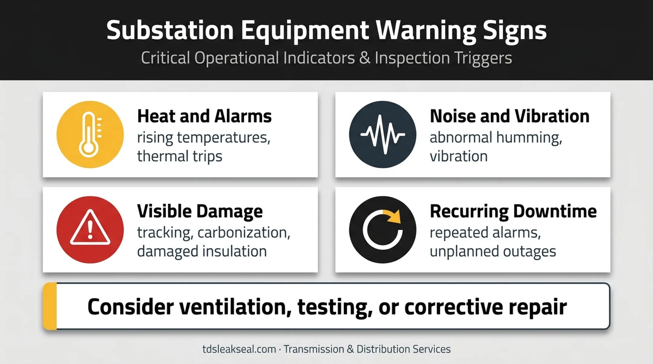 Dry-type transformer warning signs requiring inspection and corrective action