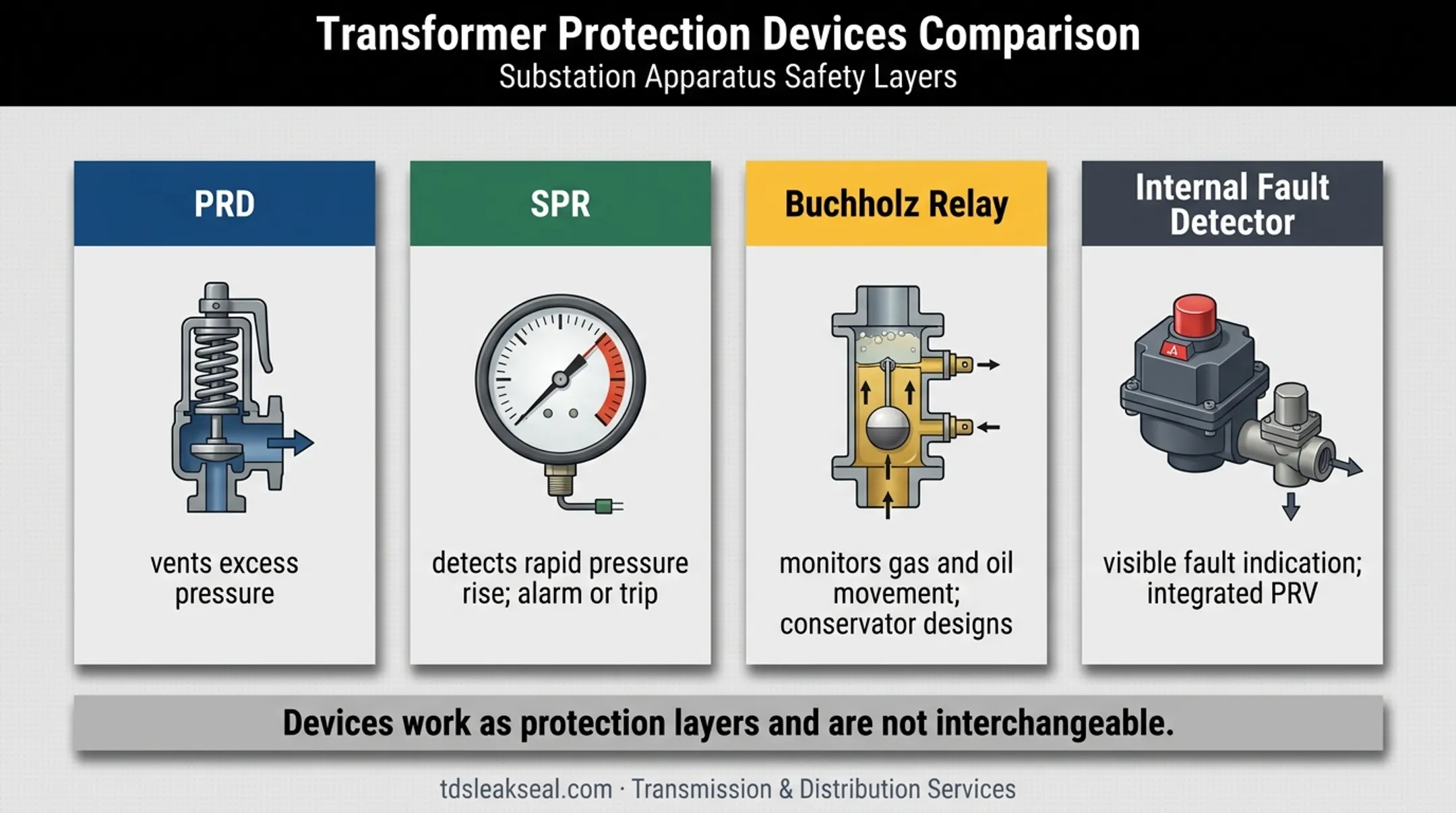 Transformer pressure protection and fault detection device comparison