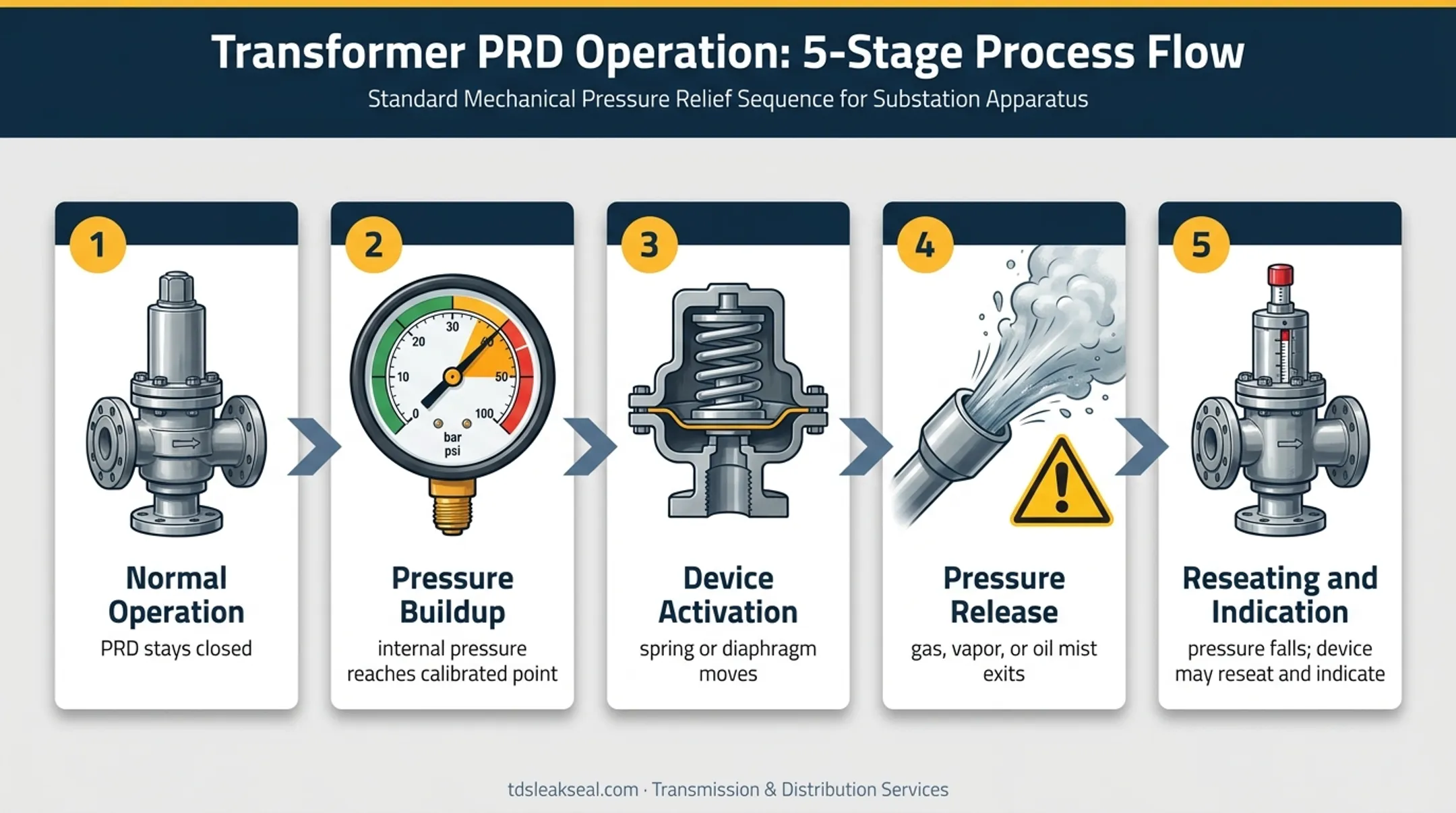 Transformer PRD pressure buildup activation and reseating process diagram