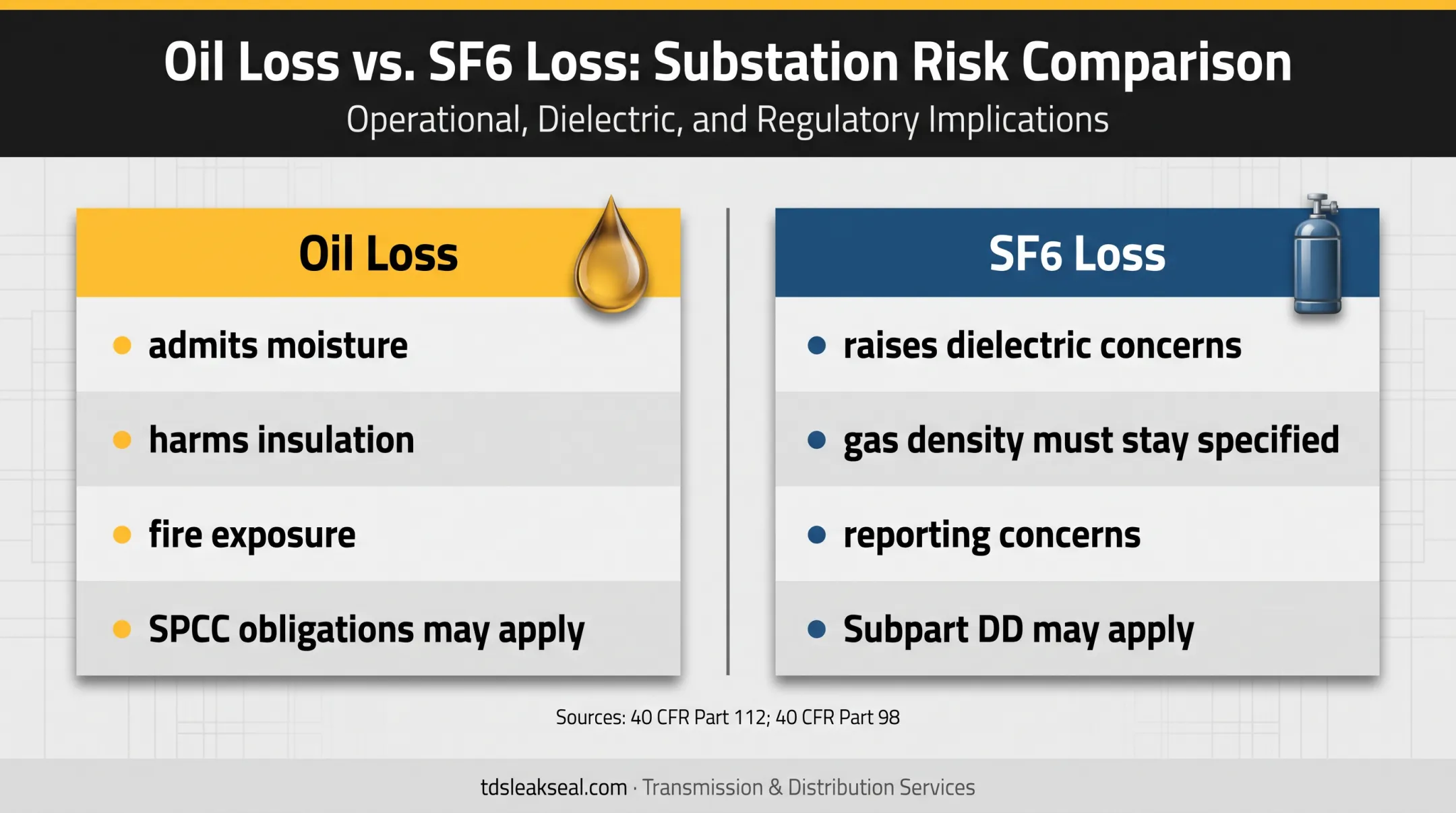 Oil loss versus SF6 loss electrical equipment risk comparison